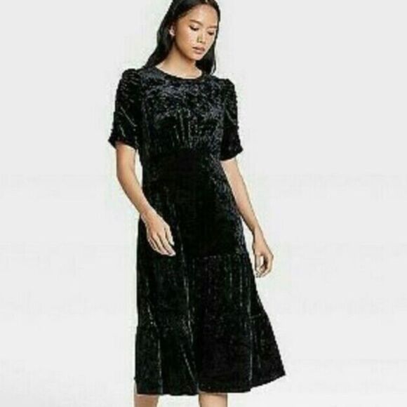 Black Crushed Velvet Modest Empire Waist Dress Tiered Full Midi Maxi Whimsigoth - Picture 1 of 12